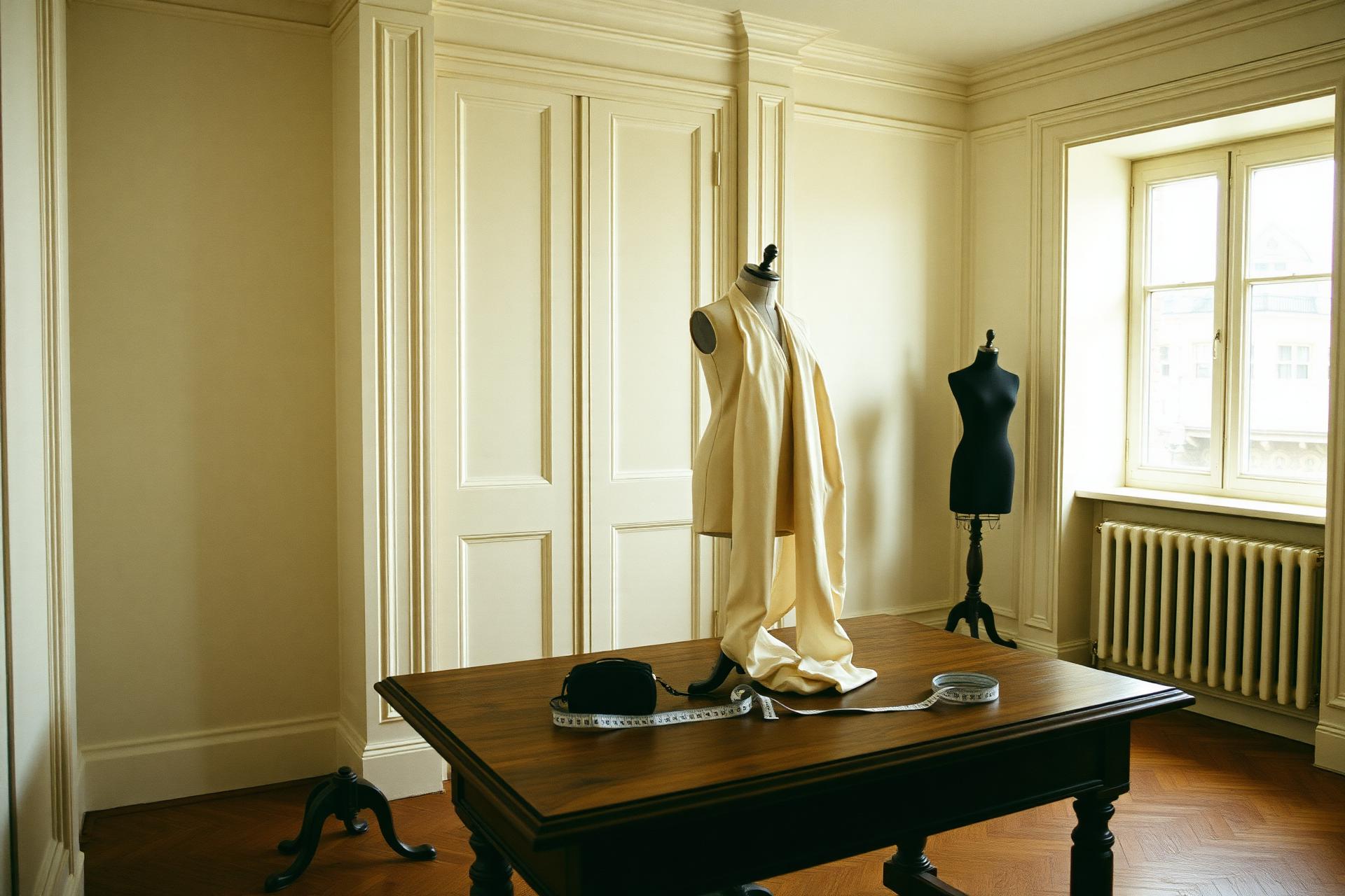 Cream panelled atelier fitting room with camel wool draped over a dress form beside a walnut cutting table and tape measure